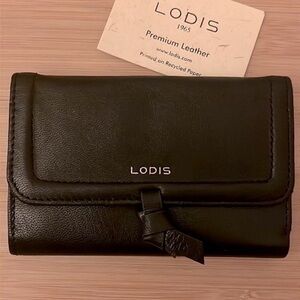 Brand New Lodis Genuine Leather Black Elia Medium Flap Wallet Compact RFID